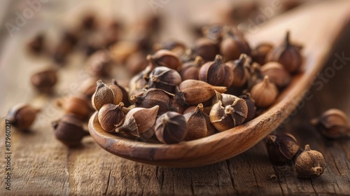 Seasoning for baking and cooking with a heap of brown cloves on a wooden spoon