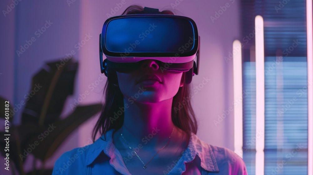 Young woman using VR headset in a high-tech room Young woman using VR headset in a high-tech room