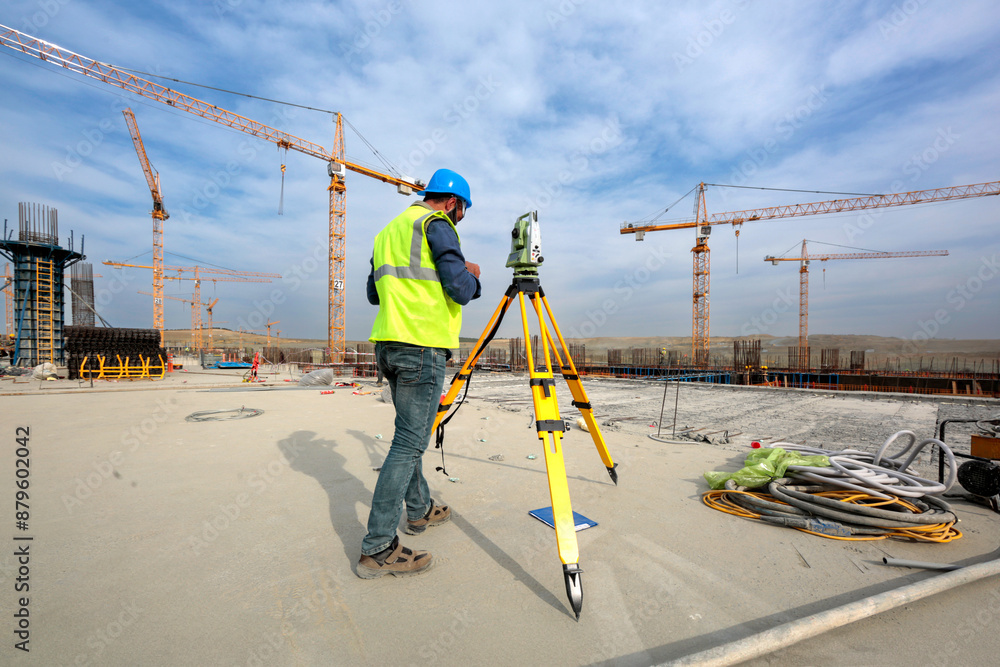Construction process with workers and crane Construction process with workers and crane