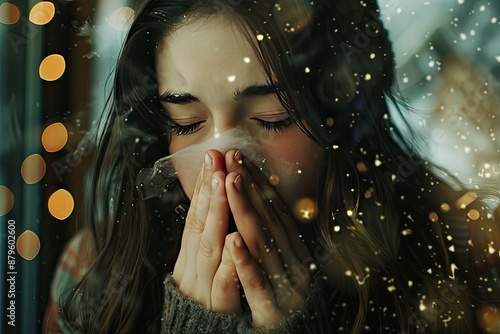 A woman is blowing her nose in a snowy scene. The image has a moody and somewhat melancholic feel to it, as the woman is alone and he is suffering from a cold. The snow adds to the overall atmosphere photo