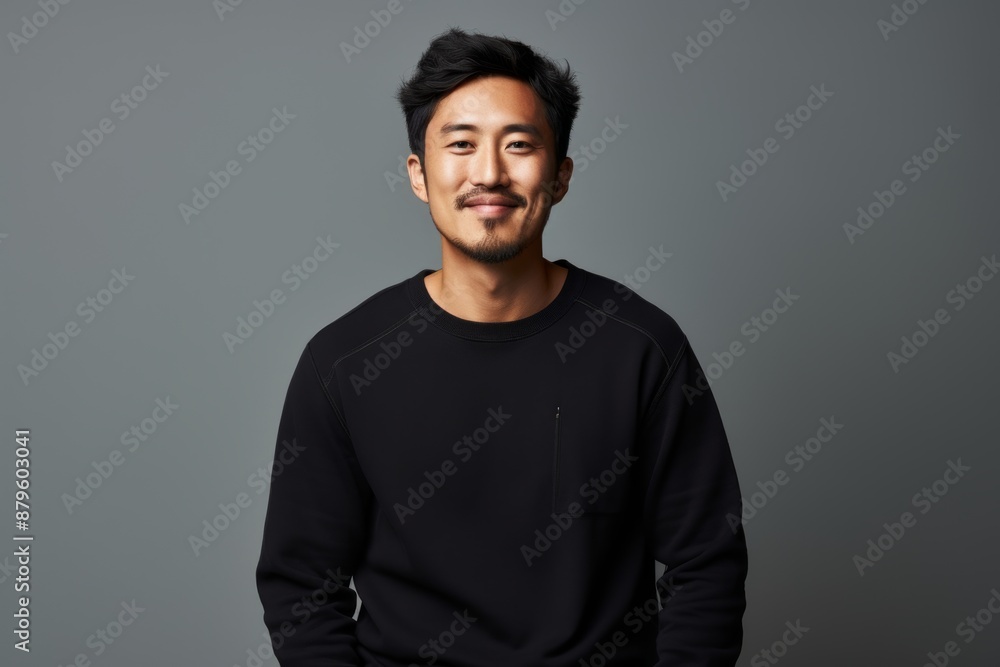 Portrait of a glad asian man in his 30s dressed in a comfy fleece pullover isolated in minimalist or empty room background Portrait of a glad asian man in his 30s dressed in a comfy fleece pullover isolated in minimalist or empty room background