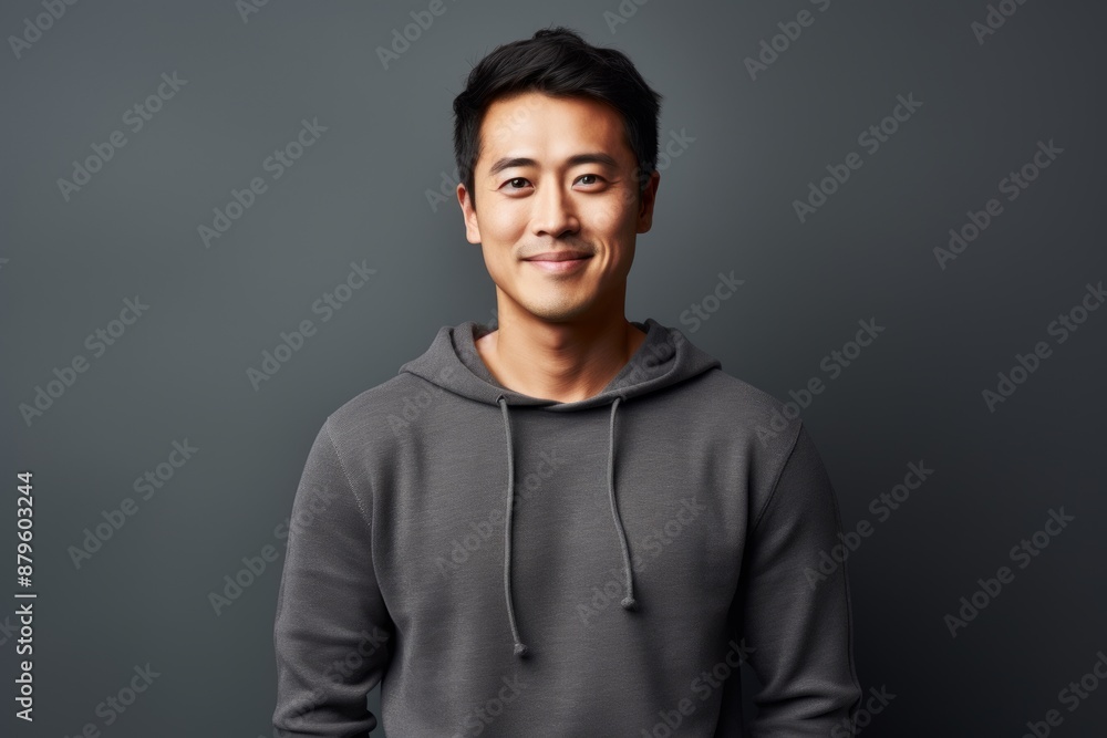 Portrait of a glad asian man in his 30s dressed in a comfy fleece pullover isolated on minimalist or empty room background Portrait of a glad asian man in his 30s dressed in a comfy fleece pullover isolated on minimalist or empty room background