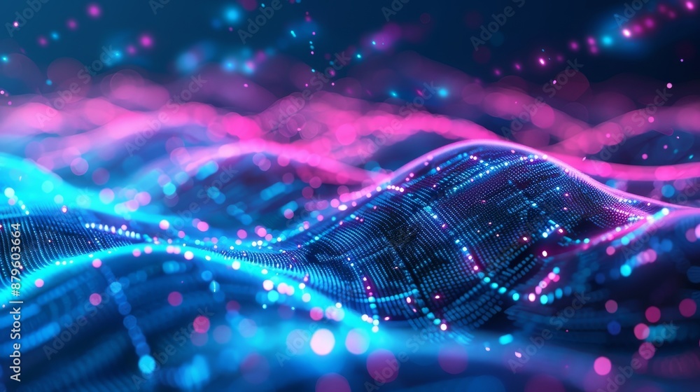 An immersive visual experience comes alive with neon waves and vibrant lights. An immersive visual experience comes alive with neon waves and vibrant lights.