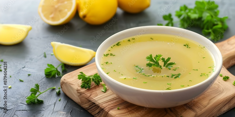 Homemade lemon chicken soup in a bowl on a wooden board. Concept Food Photography, Comforting Dishes, Homemade Recipes, Rustic Setting, Seasonal Ingredients Homemade lemon chicken soup in a bowl on a wooden board. Concept Food Photography, Comforting Dishes, Homemade Recipes, Rustic Setting, Seasonal Ingredients