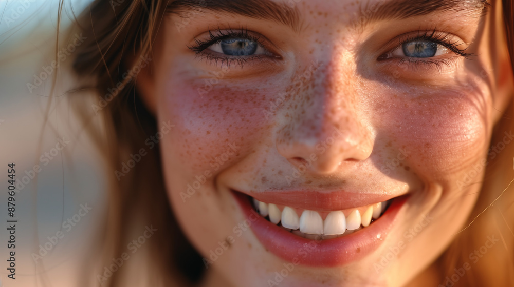 Close-Up of a Smiling Woman's Face with Freckles Close-Up of a Smiling Woman's Face with Freckles