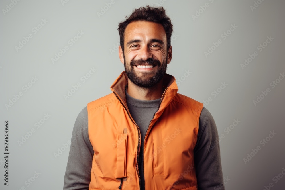 Obraz premium Portrait of a smiling man in his 30s dressed in a water-resistant gilet while standing against minimalist or empty room background