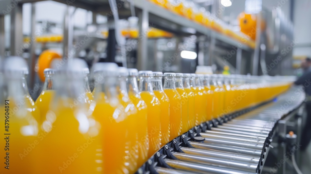 Beverage factory interior. Conveyor with bottles for juice or water. Modern equipments Beverage factory interior. Conveyor with bottles for juice or water. Modern equipments