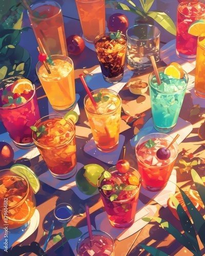 A festive scene with a variety of colorful cocktails and mocktails, perfect for a party photo