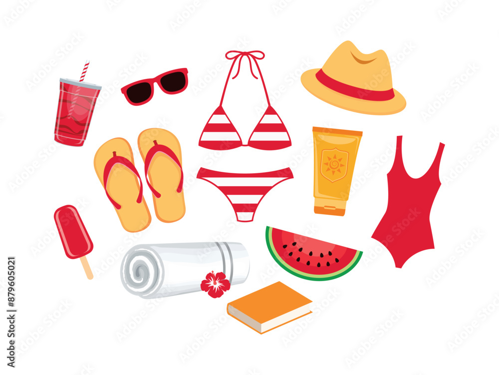 Summer beach accessories icon set vector isolated on a white background. Swimwear, towel, sunscreen, sun hat, book, sunglasses, flip flops, food and drink vector illustration Summer beach accessories icon set vector isolated on a white background. Swimwear, towel, sunscreen, sun hat, book, sunglasses, flip flops, food and drink vector illustration