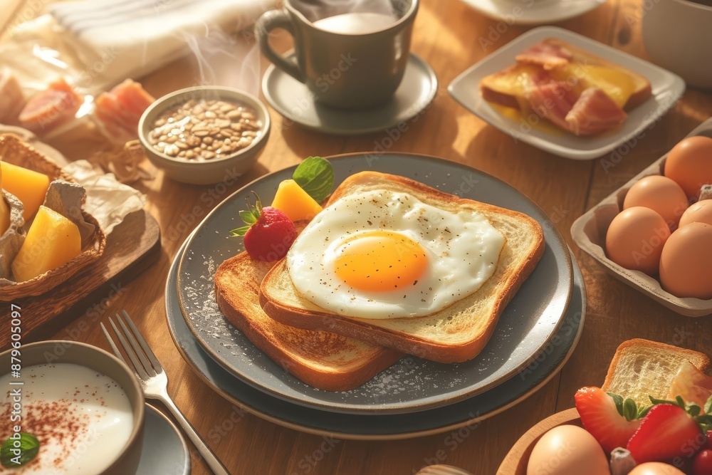 A hearty breakfast spread with toast, eggs, fruit, and a steaming cup of coffee A hearty breakfast spread with toast, eggs, fruit, and a steaming cup of coffee