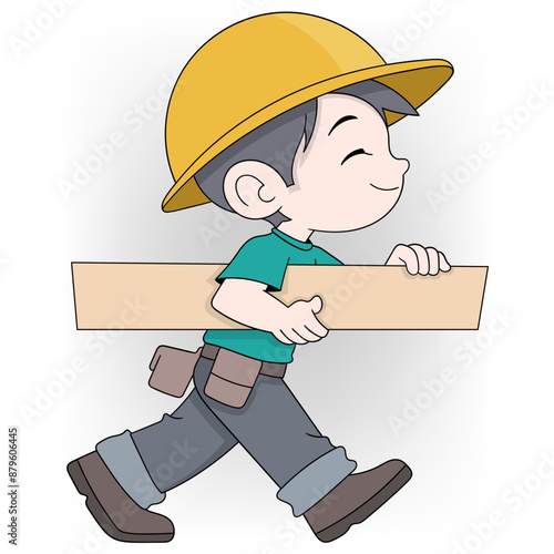 Cheerful Young Carpenter Carrying Wooden Plank in Safety Gear