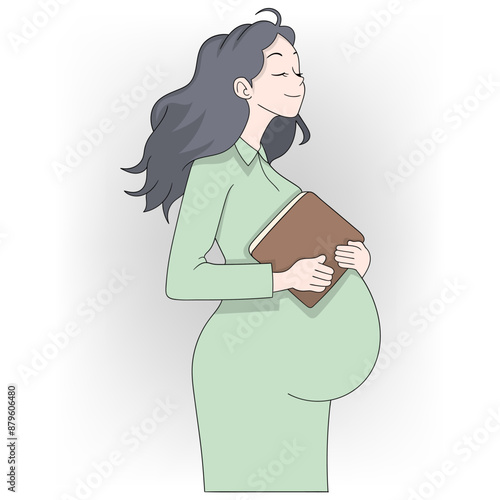 Content Pregnant Woman Holding a Book in Green Dress