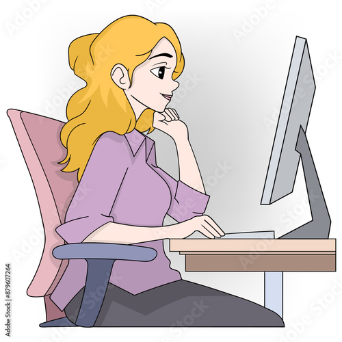 Focused Businesswoman Working at Computer in Office Setting