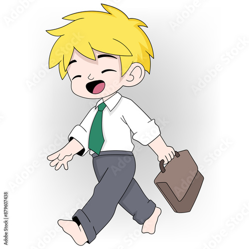 Happy Blonde Boy in Formal Attire Walking with a Briefcase