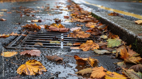 Fallen leaves obstructing a road drain street and pavement photo