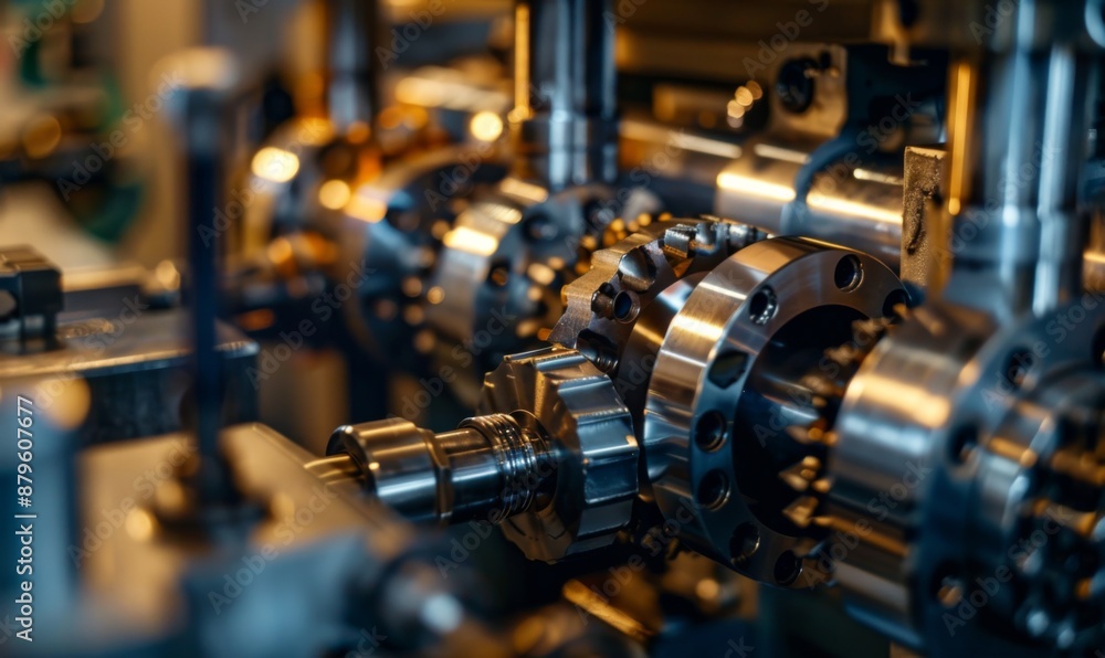 Fototapeta premium A detailed close-up view of a machine with numerous metal parts. This image can be used to showcase industrial machinery or to illustrate the complexity of mechanical systems