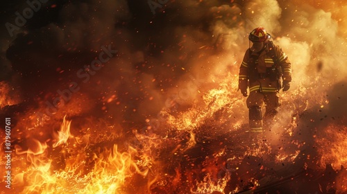 Firefighter navigating through intense flames and smoke, searching for survivors amidst the chaotic, burning scene.