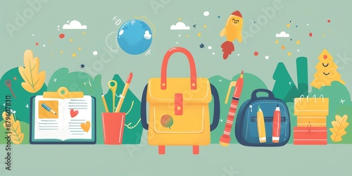 A cartoonish drawing of a school bag with a book, scissors, and a pencil. The bag is yellow and is placed in front of a green background