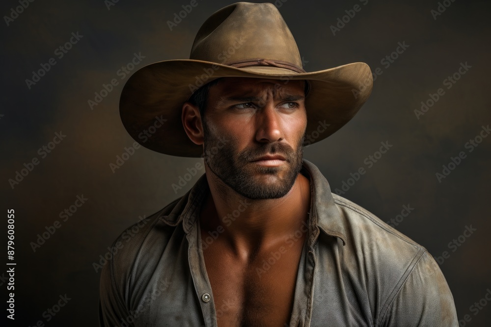 Portrait of a tender man in his 40s wearing a rugged cowboy hat while standing against minimalist or empty room background Portrait of a tender man in his 40s wearing a rugged cowboy hat while standing against minimalist or empty room background