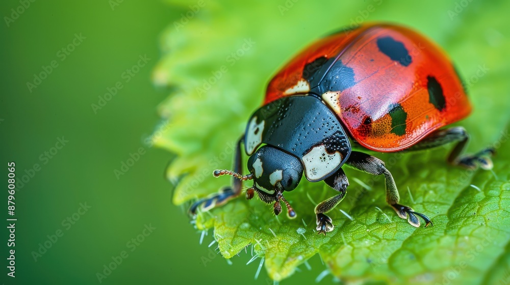 Close-up of a ladybug on a green leaf, capturing the delicate details of this tiny insect. Close-up of a ladybug on a green leaf, capturing the delicate details of this tiny insect.