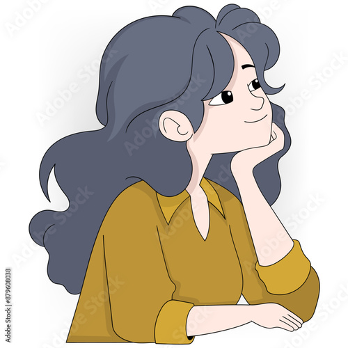 Pensive Woman with Long Dark Hair Daydreaming at Her Desk