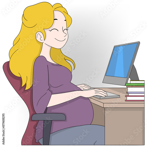 Pregnant Woman Working at Computer in Office