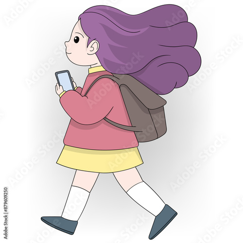 Young Girl with Long Purple Hair Walking and Using Smartphone