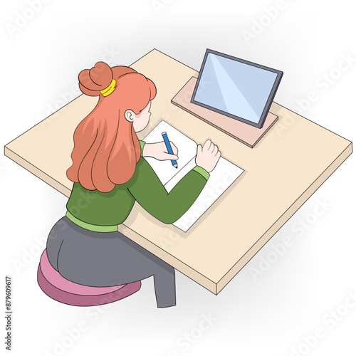 Young Woman with Red Hair Working on a Project at Her Desk with a Tablet