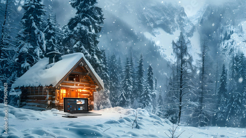 Remote Winter Cabin Work: Individual with Laptop, Snowy Cabin, Satellite Phone Symbolizing Remote Work in Snowy Cabin with Space for Copywriting   Stock Photo Concept
