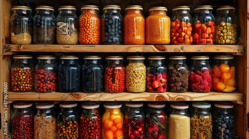 A shelf full of glass jars with various foods inside. The jars are arranged in rows and are filled with different types of food, including fruits and vegetables. Concept of abundance and variety