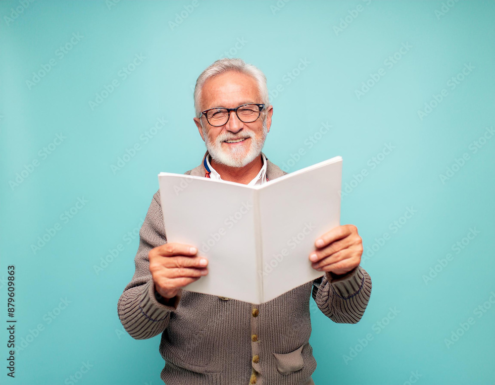 Older gentleman, pensioner, holding a magazine with a white cover as a mock-up Older gentleman, pensioner, holding a magazine with a white cover as a mock-up