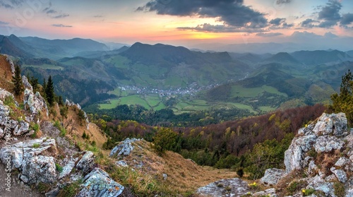 Rock and forest at spring in Slovakia. View from the top of The Vapec hill in The Strazov Mountains. Seasonal natural scene. photo