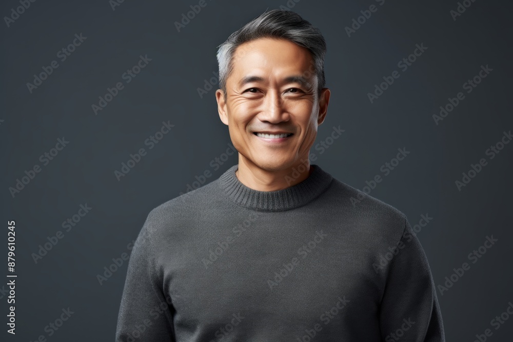 Naklejka premium Portrait of a happy asian man in his 50s wearing a cozy sweater in minimalist or empty room background