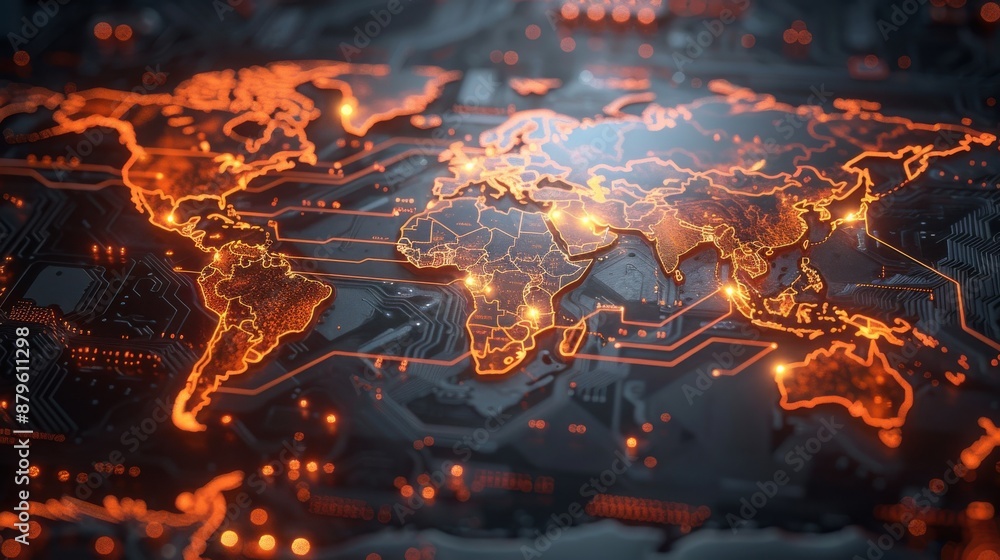 Futuristic neon world map with electric circuit connections in bright blue and orange colors, detailed and sharp. Futuristic neon world map with electric circuit connections in bright blue and orange colors, detailed and sharp.