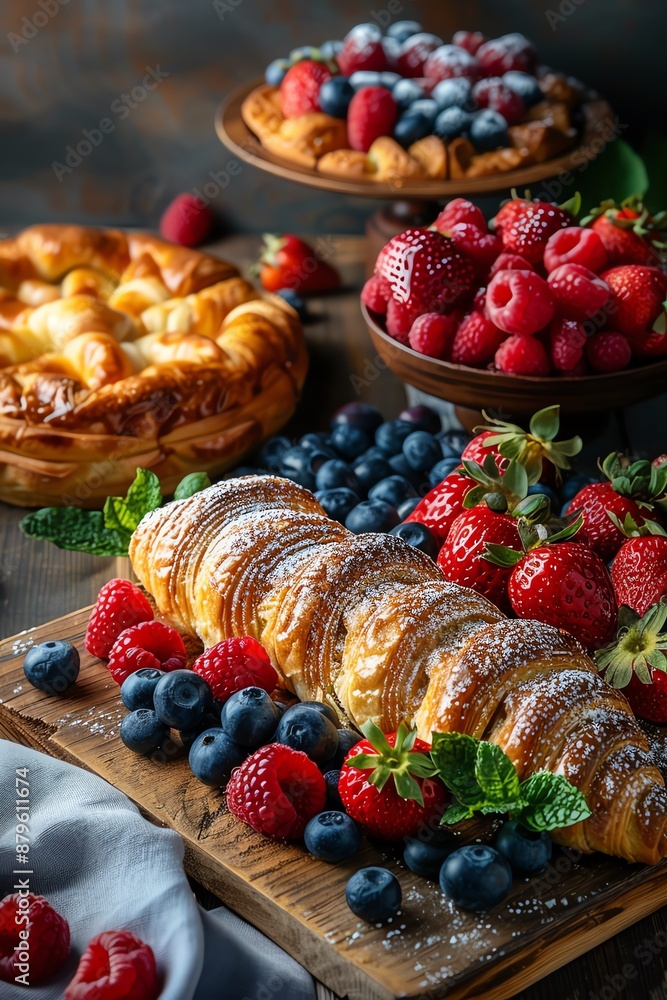 Assorted pastries and fruits on a rustic table, closeup, vibrant and appetizing