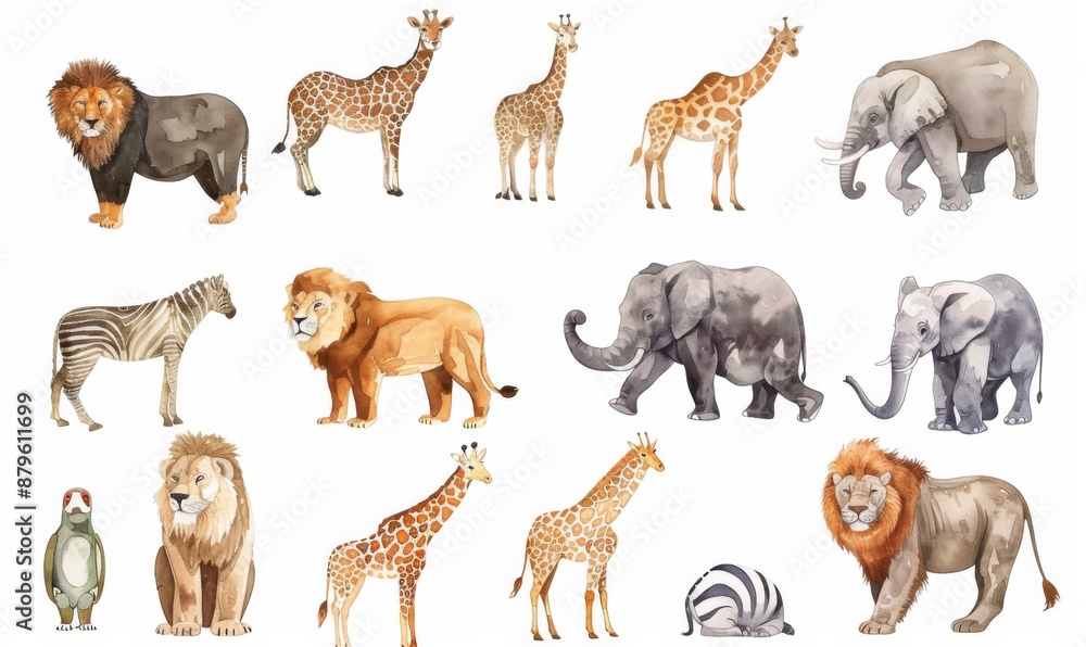 Obraz premium Adorable Illustrations of Various Wild Animals in Their Youthful Stage, Detailed isolated on white background