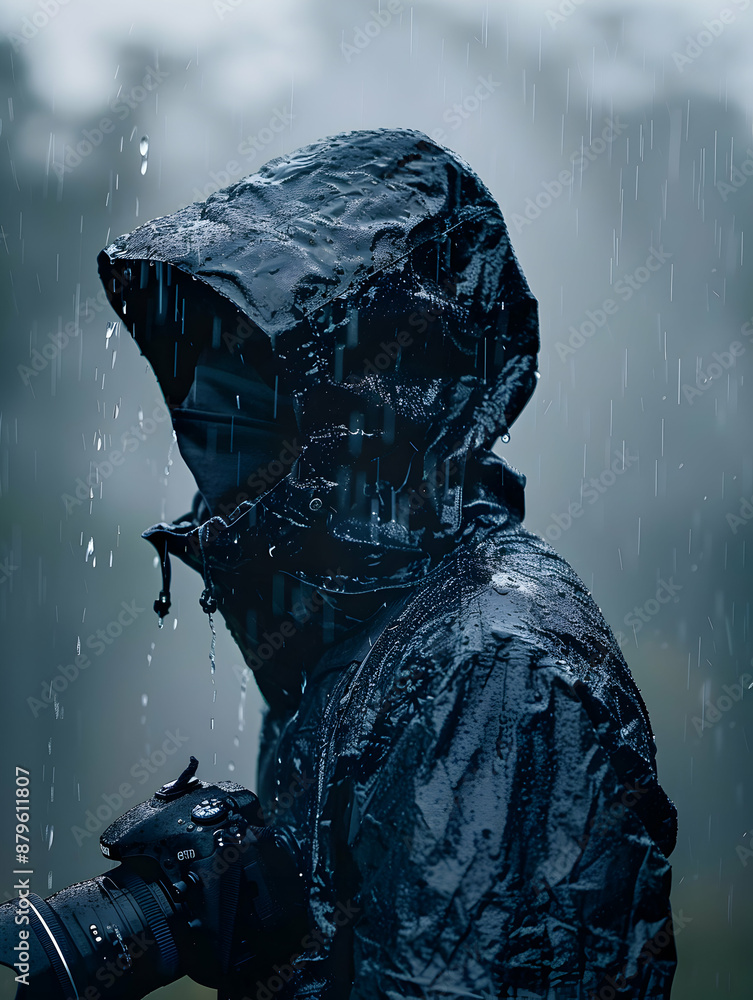 Fototapeta premium Photo Realistic Individual with Travel Action Cam Rainstorm Rain Cover Overlay for Storm Timelapse Video Capture | Photo Stock Concept