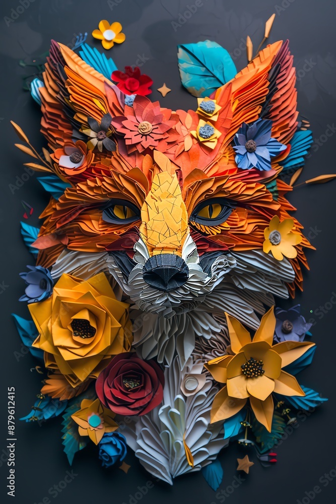 Detailed origami fox face with floral decorations, vibrant colors, intricate and elegant Detailed origami fox face with floral decorations, vibrant colors, intricate and elegant