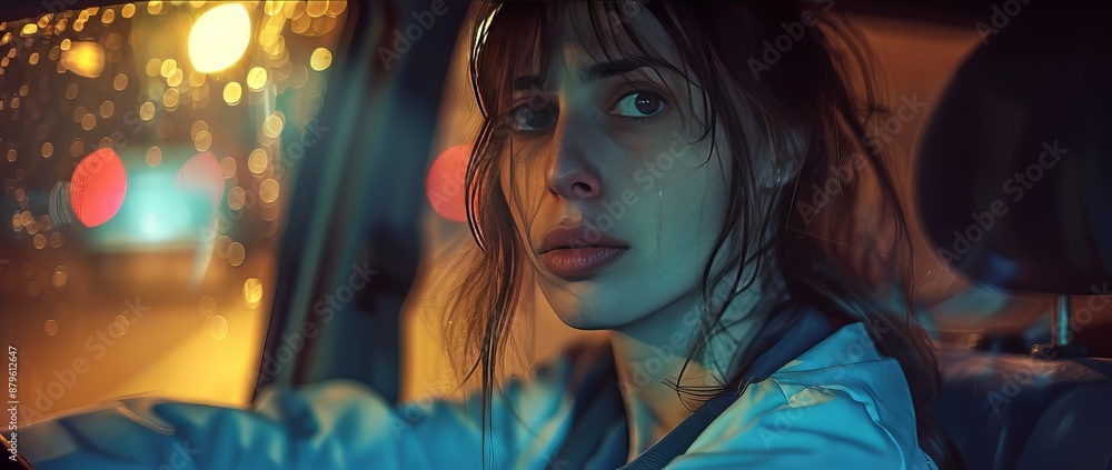 Contemplative woman looking out of car window during rainy night Contemplative woman looking out of car window during rainy night