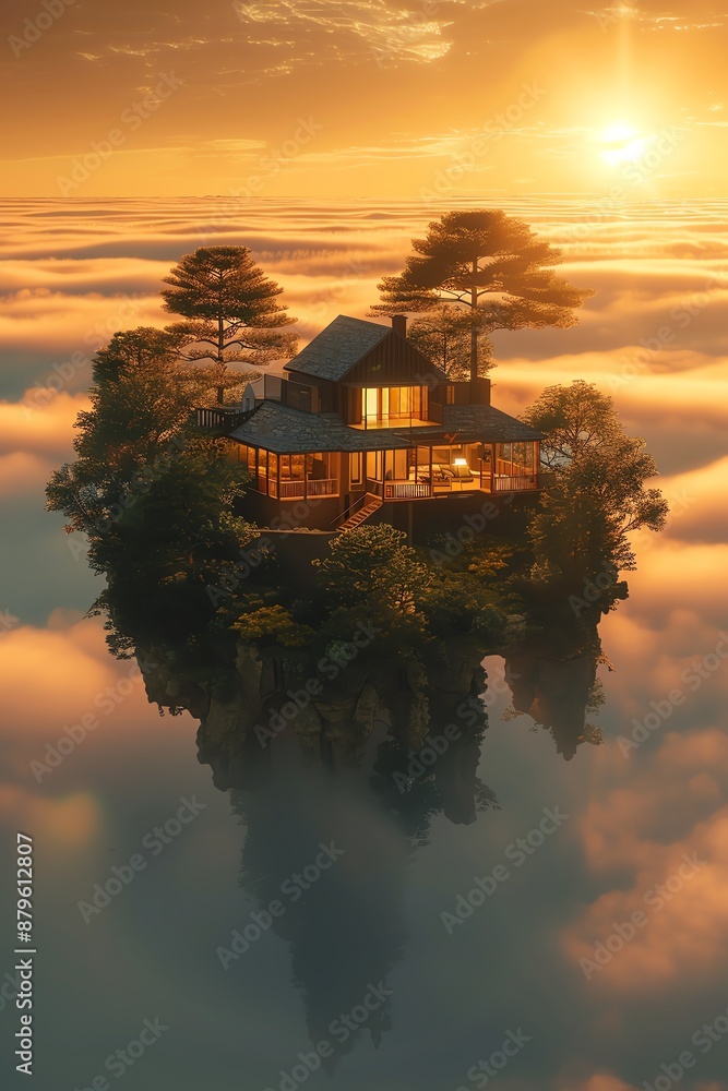 Floating island house at sunset, trees and clouds below, golden light, expansive view Floating island house at sunset, trees and clouds below, golden light, expansive view