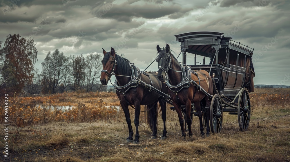 realistic photo of two horses pulling an old carriage in an autumn Russian landscape under cloudy weather realistic photo of two horses pulling an old carriage in an autumn Russian landscape under cloudy weather