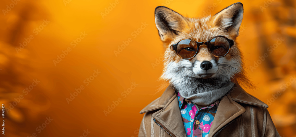 Cool Fox in Sunglasses and Colorful Shirt Wearing Brown Jacket Isolated on Orange Background for Stylish Animal Fashion Portrait Cool Fox in Sunglasses and Colorful Shirt Wearing Brown Jacket Isolated on Orange Background for Stylish Animal Fashion Portrait