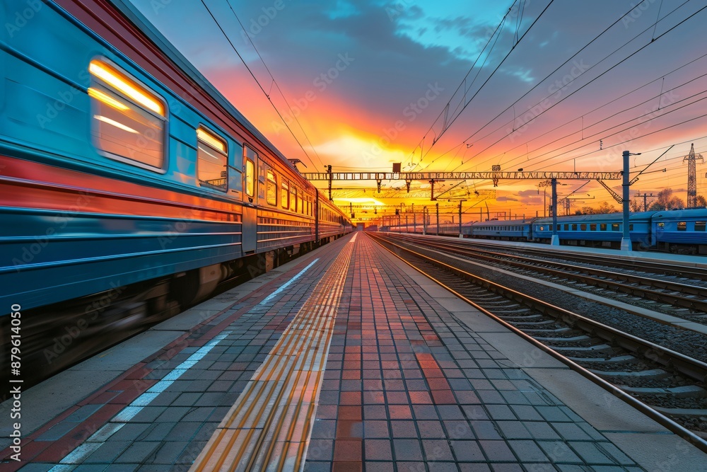 Fototapeta premium Vibrant Sunset Over a Modern Train Station with a Moving Train