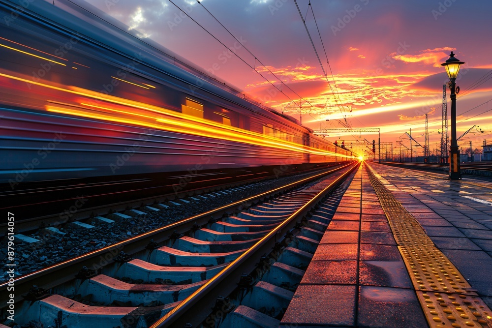 Fototapeta premium High-Speed Train Passing Through a Station at Sunset