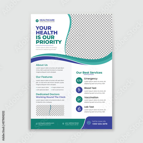 Healthcare social media a4 template design for health. promotion square web banner for hospitals and clinics, Suitable for social media posts, banners, signs, flyers, and websites.