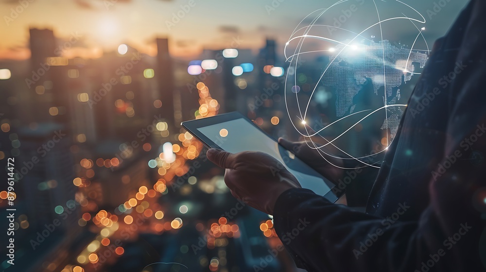 Businessperson Using Tablet With Global Network Visualization Businessperson Using Tablet With Global Network Visualization