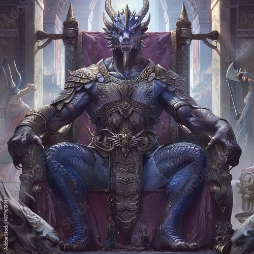 Majestic blue dragonborn king sits on his throne in a grand hall photo