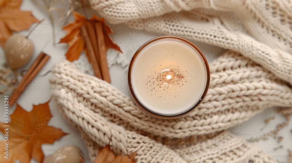 Boho top view Thanksgiving day with cinnamon-scented candle on the wooden round plate and leaves Boho top view Thanksgiving day with cinnamon-scented candle on the wooden round plate and leaves