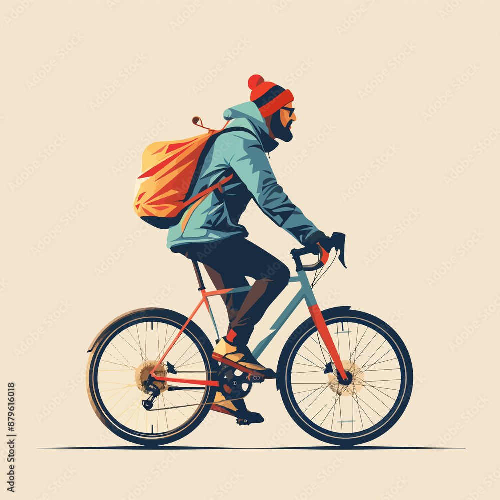 minimalistic vektor illustration of a man with a cap and a backpack, riding a bicycle, cycling, bike minimalistic vektor illustration of a man with a cap and a backpack, riding a bicycle, cycling, bike