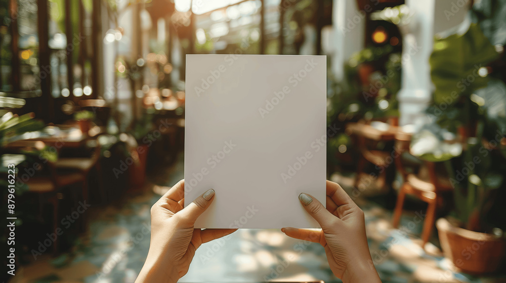 Woman Holding Blank A4 Paper Menu Template at Restaurant Table in Natural Light Woman Holding Blank A4 Paper Menu Template at Restaurant Table in Natural Light